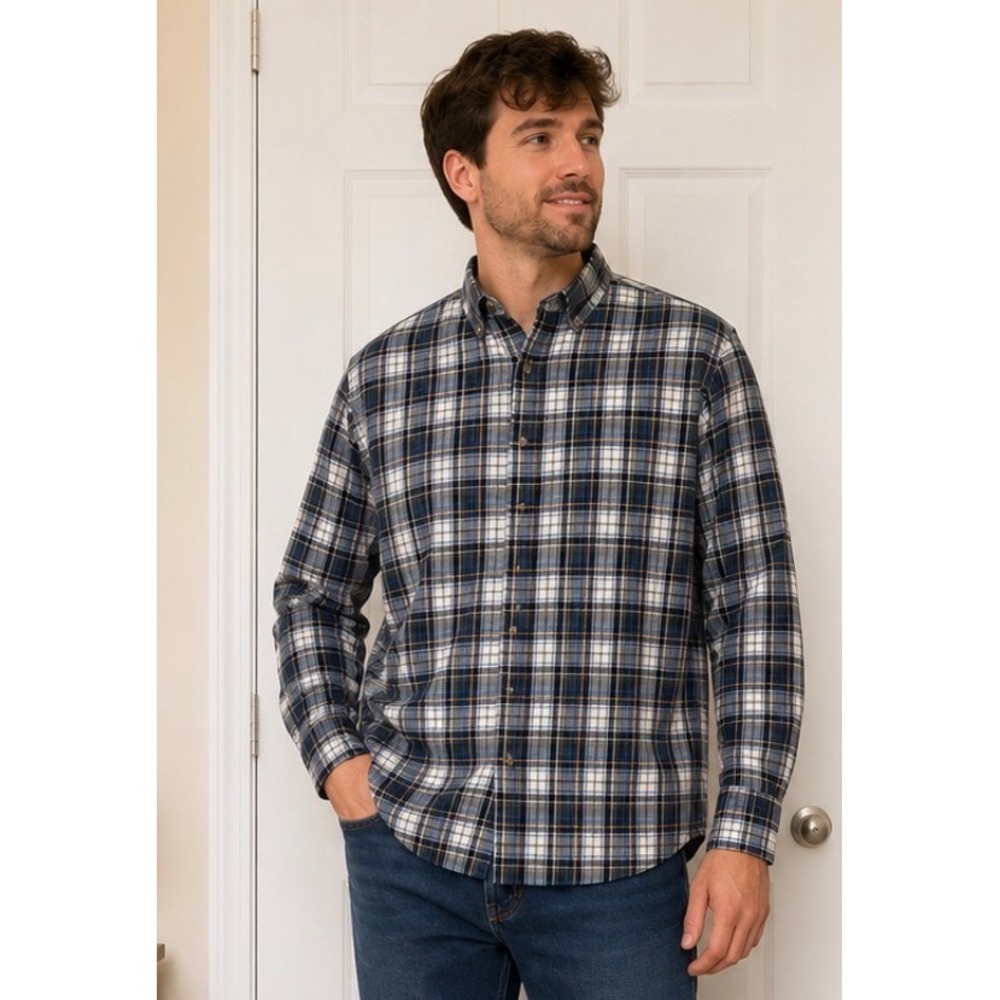 Eddie‎ Bauer Mens Blue Green Plaid Flannel Button Down Shirt L EM32LW240P